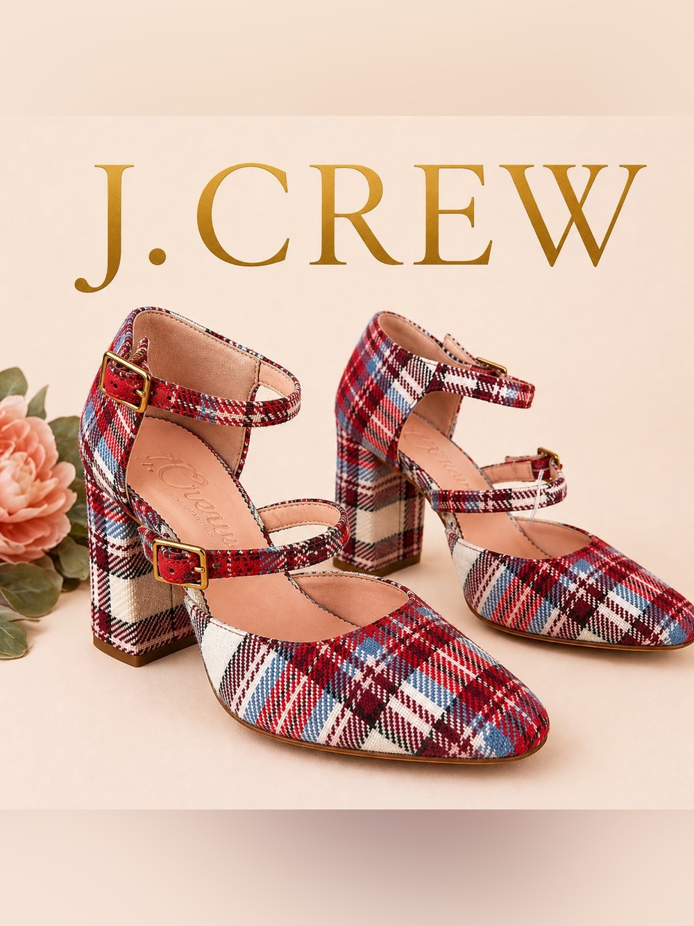 J.Crew Marta Plaid Double Strap Mary Jane Block Heels 6.5